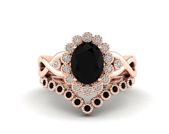 Oval Shape Black Onyx Engagement Ring Rose Gold, Halo Unique Black Stone Bridal Wedding Ring Set for Women, 925 Silver Promise Ring for Her