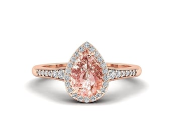 Morganite Engagement Ring, Pear Moissanite Halo Rose Gold, Peach Pink Solitaire, Vintage Dainty Promise Anniversary Gift for Her