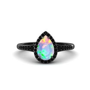 Unique Teardrop White Fire Opal Engagement Ring, Art Deco Black Vintage Ring Women, Antique Black Plating over Sterling Silver Promise Ring