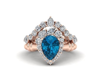 Natural Blue Topaz Ring Set Pear Engagement Ring 14K Gold Women Stackable Ring Set Teardrop London Blue Topaz Curved Wedding Band 925 Silver