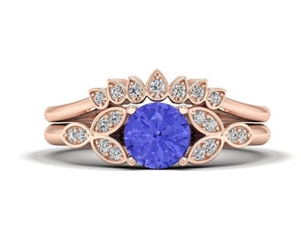 Natural Tanzanite Engagement Ring Set 18K Rose Gold, Unique Vintage Bridal Ring with Wedding Band, Sterling Silver Stackable Ring for Women