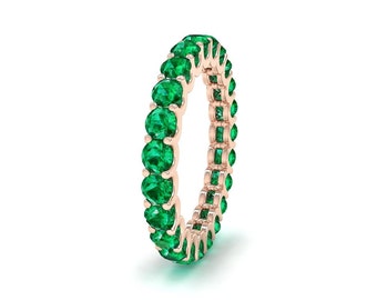 Vintage Green Emerald Eternity Ring 14K Gold Round Emerald Full Eternity Wedding Band Sterling Silver May Birthstone Ring Anniversary Gift