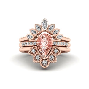 3 Piece Rose Gold Morganite Engagement Ring, Natural Pear Gemstone Bridal Ring Set, Unique Marquise Wedding Band, Art Deco Silver Ring Women