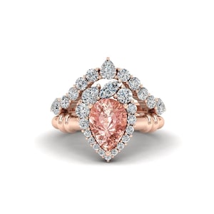 Pear Shape Morganite Engagement Ring for Women in 925 Sterling Silver, Vintage Curved Wedding Band, Antique Natural Gemstone Bridal Ring Set