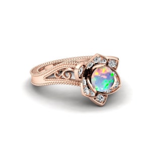 Art Deco Opal Engagement Ring for Women in 925 Sterling Silver, Flower Shaped Vintage Cocktail Statement Ring, Unique Antique Promise Ring