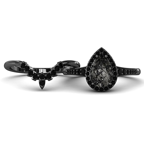 Black Gold Engagement Ring Set, Rutilated Quartz Pear Halo, Gothic