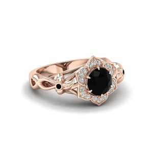 Black Flower Ring Rose Gold Black Onyx Engagement Ring Round Cut Black Stone Floral Vintage Ring Silver Black Onyx Ring Nature Inspired Ring