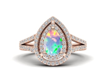 Pear Cut White Fire Opal Double Halo Ring: Rose Gold Bridal Jewelry