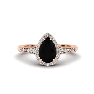 Pear Shaped Black Onyx Engagement Ring Rose Gold Black Stone Engagement Ring Halo Unique Black Solitaire Engagement Ring Half Eternity Ring