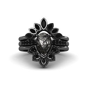 Vintage Art Deco Pear Shaped Black Rutilated Quartz Wedding Ring Set for Women, Black Rhodium over Sterling Silver Antique Engagement Rings