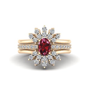 Oval Cut Garnet Wedding Ring Set of 3, Natural Red Gemstone Engagement Ring in 925 Sterling Silver, Art Deco Handmade Bridal Ring for Women