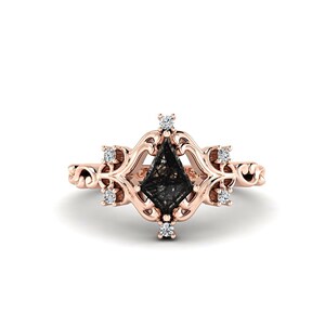 Black Rutilated Quartz Engagement Ring, Vintage Kite Shape Salt and Pepper Black Stone Ring for Women, Sterling Silver Art Deco Promise Ring