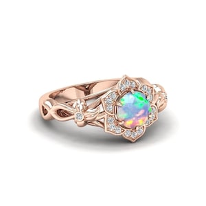 Nature Inspired Opal Engagement Ring For Women Round Opal And Diamond Ring Flower Engagement Ring Rose Gold Floral Wedding Ring Vine Ring