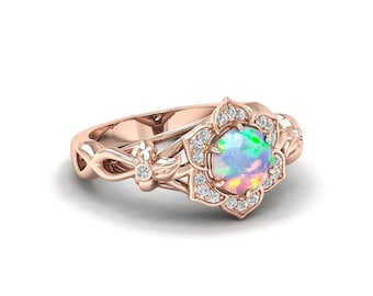 Nature Inspired Opal Engagement Ring For Women Round Opal And Diamond Ring Flower Engagement Ring Rose Gold Floral Wedding Ring Vine Ring