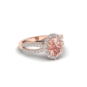 Vintage Morganite Ring Rose Gold Oval Engagement Ring for Women 14K Gold Halo Wedding Ring Split Band Bridal Ring Silver Half Eternity Ring
