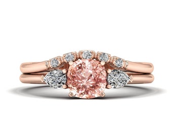 7mm Cushion Cut Morganite Wedding Ring, 14K Rose Gold Engagement Ring Set Women, Vintage Stacking Matching Band, Sterling Silver Bridal Ring