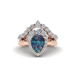 Vintage Colour Changing Alexandrite Engagement Ring Set in Silver, Pear Shaped Rose Gold Bridal Ring Set with Unique Curved Wedding Band