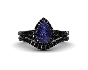 Pear Blue Sandstone Engagement Ring Set: Black Rhodium Starry Night Bridal Ring