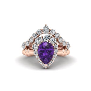 Purple Amethyst Engagement Ring Set Women, 14K Gold Pear Gemstone Ring, 925 Silver Vintage Wedding Bands, Unique Bridal Promise Ring for Her