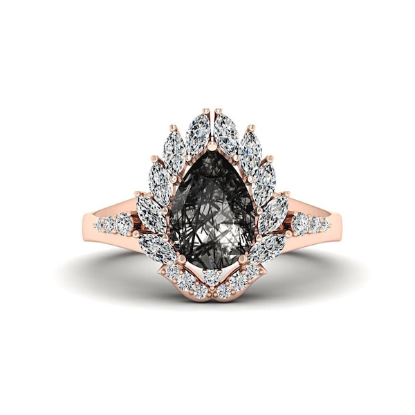Pear Black Rutilated Quartz Engagement Ring: Swarovski Diamonds, Teardrop Statement Ring