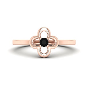 14K Yellow Gold Black Onyx Dainty Engagement Ring for Women, Minimalist Vintage Black Stone Ring, Handmade Flower Shape Antique Promise Ring