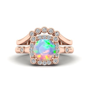 Round Opal Bridal Ring Set in 14K Yellow Gold for Women, Halo Engagement Ring with Curved Wedding Band, Art Deco Vintage Anniversary Gift