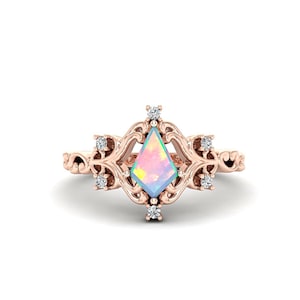 Kite Shaped Opal Engagement Ring, 14K Rose Gold Ring for Women, Unique Vintage Jewelry 925 Sterling Silver, White Fire Opal Statement Ring