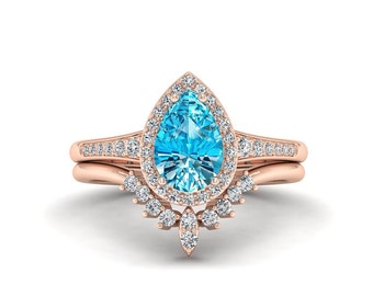 14K Rose Gold Vintage Halo Engagement Ring set for Women, Natural Swiss Blue Topaz Ring, Handmade November Birthstone Bridal Anniversary Set