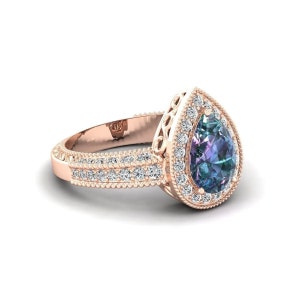 Lab Grown Alexandrite Engagement Ring June Birthstone Color Changing Gemstone Ring For Women Pear Shape Ring Wedding Anniversary Gift Silver