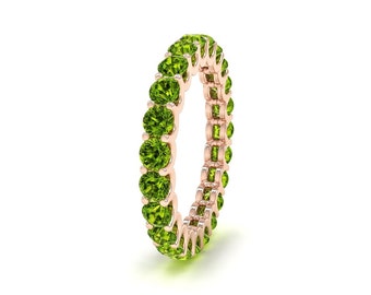 Natural Peridot Eternity Band, Peridot Ring in Silver, August Birthstone Peridot Ring for Women, Peridot Wedding Band, Green Gemstone Ring