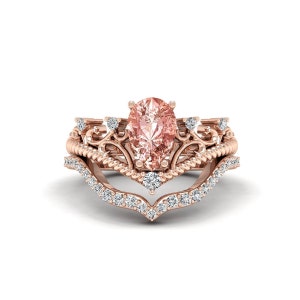 Vintage Morganite Engagement Ring Set, Art Deco Rose Gold Bridal Ring, Anniversary Promise Ring, Unique Pear Shaped Morganite Ring for Women