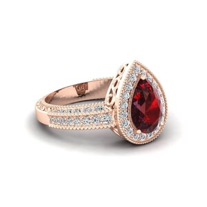 Pear Shaped Garnet Silver Ring for Women, Art Deco Vintage Gemstone Ring, January Birthstone Designer Engagement Ring, 14K Gold Promise Ring