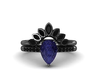 Black Rhodium Galaxy Blue Sandstone Ring Set: Pear Shaped Engagement Ring
