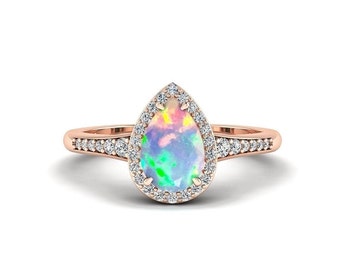 14K Gold Pear Shaped Opal Halo Engagement Ring for Women, Teardrop White Fire Opal Promise Ring, Elegant Anniversary Birthday Gift for Her