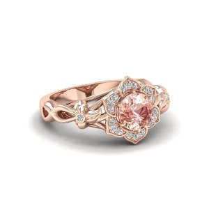 Pink Peach Morganite Engagement Ring Rose Gold Flower Engagement Ring Women Floral Wedding Ring Pink Solitaire Ring Vine Flower Ring Silver