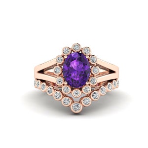 Sterling Silver Lavender Amethyst Ring Set, February Birthstone Ring Women, Vintage Stackable Ring, 14K Rose Gold Wedding Anniversary Gift