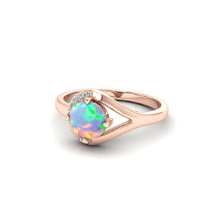 14K Gold Opal Ring Round White Opal Sterling Silver Ring October Birthstone Ring Elegant Opal and CZ Engagement Ring Multicolour Fire Opal