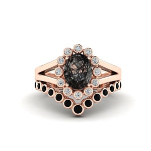 Unique Black Rutilated Quartz Ring Set, Black Stone Silver Engagement Ring, Anniversary Gift for Her, 14K Rose Gold Personalized 2 Ring Set
