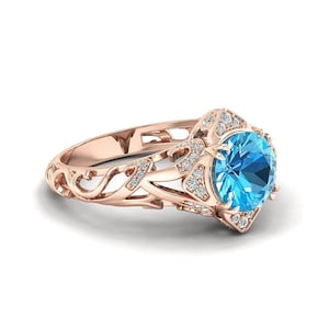 14K Gold Round Cut Swiss Blue Topaz Engagement Ring for Women, Natural Topaz Quartz Statement Ring, Unique Vintage Promise Anniversary Gift