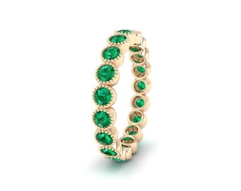 Natural Emerald Eternity Band 14K Solid Gold Green Eternity Ring 3mm Round Green Stacking Ring Emerald Stackable Ring For Women Promise Ring