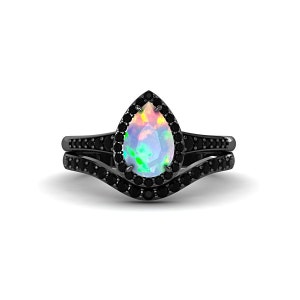 Pear Shaped White Opal in Black Rhodium Engagement Ring Set, Art Deco 925 Sterling Silver Ring for Women, Vintage Curved Bridal Wedding Band