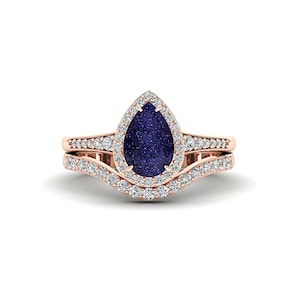 Pear Blue Sandstone Engagement Ring Set, 14K Rose Gold Starry Galaxy Vintage Unique Bridal Ring with Curved Enhancer Wedding Band for Women