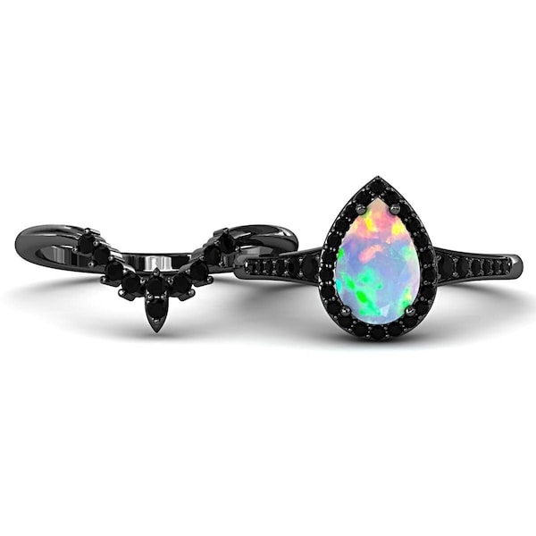 Pear Opal Engagement Ring Set, Art Deco Black Ring for Women, White Opal Bridal Set, Black Rhodium Wedding Ring, Opal Ring Sterling Silver