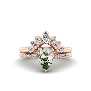 Pear Moss Agate Engagement Ring Set: Solid Gold Vintage Wedding Ring