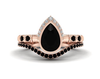Pear Shaped Black Stone Engagement Ring Set Rose Gold Black Onyx Bridal Ring Women Unique Black Stone Wedding Ring Set Promise Ring For Her