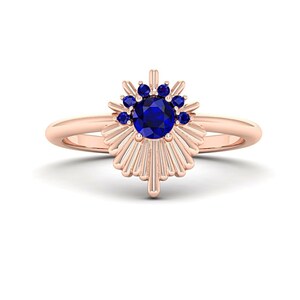 Art Deco Sapphire Ring for Women in 925 Sterling Silver with Gold Over, Vintage Genuine Blue Sapphire Engagement Promise Ring, Gift for Wife