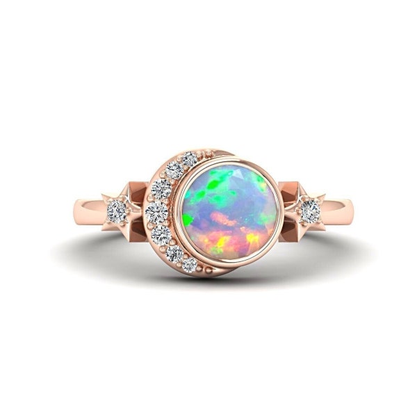 White Fire Opal Ring 14K Rose Gold Celestial Ring Crescent Moon Ring Silver Opal Engagement Ring for Women Unique Star Ring Moon Phase Ring