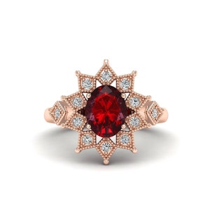 Red Garnet Ring for Women, Oval Cut Natural Red Garnet Engagement Ring in 18K Rose Gold, January Birthstone Promise Ring, Art Deco Gift Idea