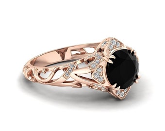 Silver Black Onyx Engagement Ring Rose Gold Black Stone Promise Ring For Her Black Stone Engagement Ring For Women Halo Black Solitaire Ring