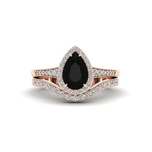 Black Pear Engagement Ring 14K Rose Gold Black Onyx Bridal Ring Set Black Stone Halo Diamond Ring Curved Wedding Band Art Deco Ring for Her